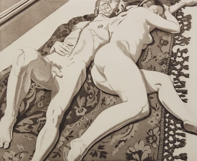 Philip Pearlstein, Male and Female Nudes on Spanish Rug, 1971