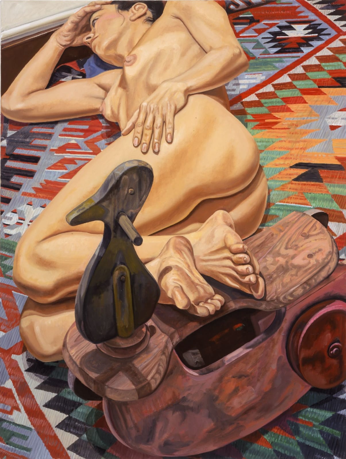 Philip Pearlstein, Model with Duck Kiddy Car on Killim Rug, 2005