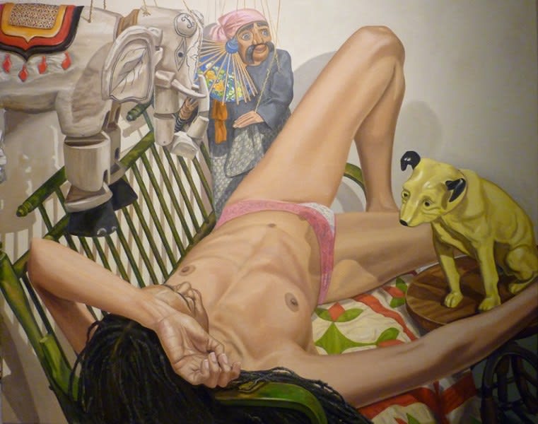 Philip Pearlstein, Model with Marionettes and HMV Dog, 2010