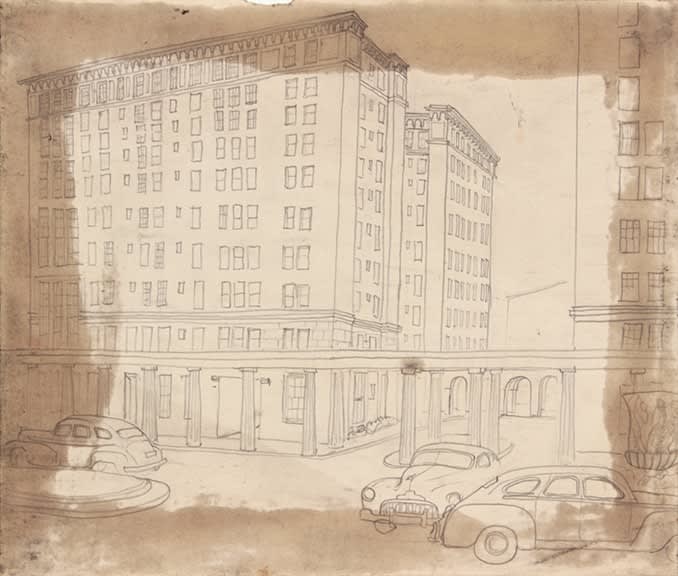 Philip Pearlstein, Untitled (Cityscape with Cars and Dorian Columns), 1946-49