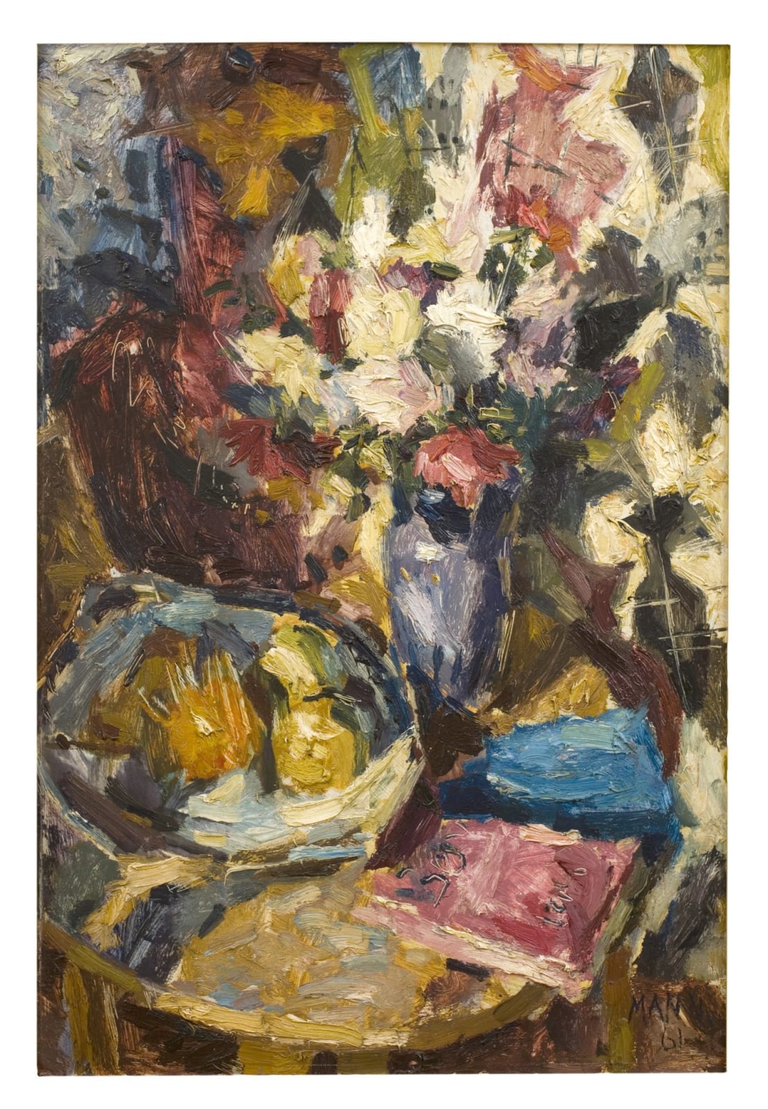 Cyril Mann, Flowers, Book and Fruit on Round Table, 1961