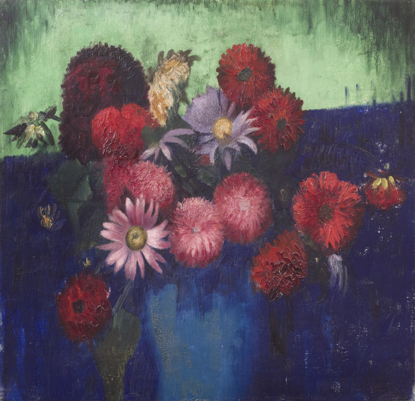 Mark Gertler, Still Life, Dahlias and Daisies in a Blue Vase, 1927