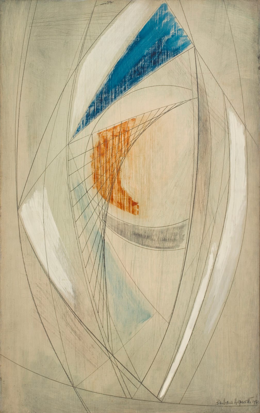 Abstract oil and pencil artwork on board by Barbara Hepworth