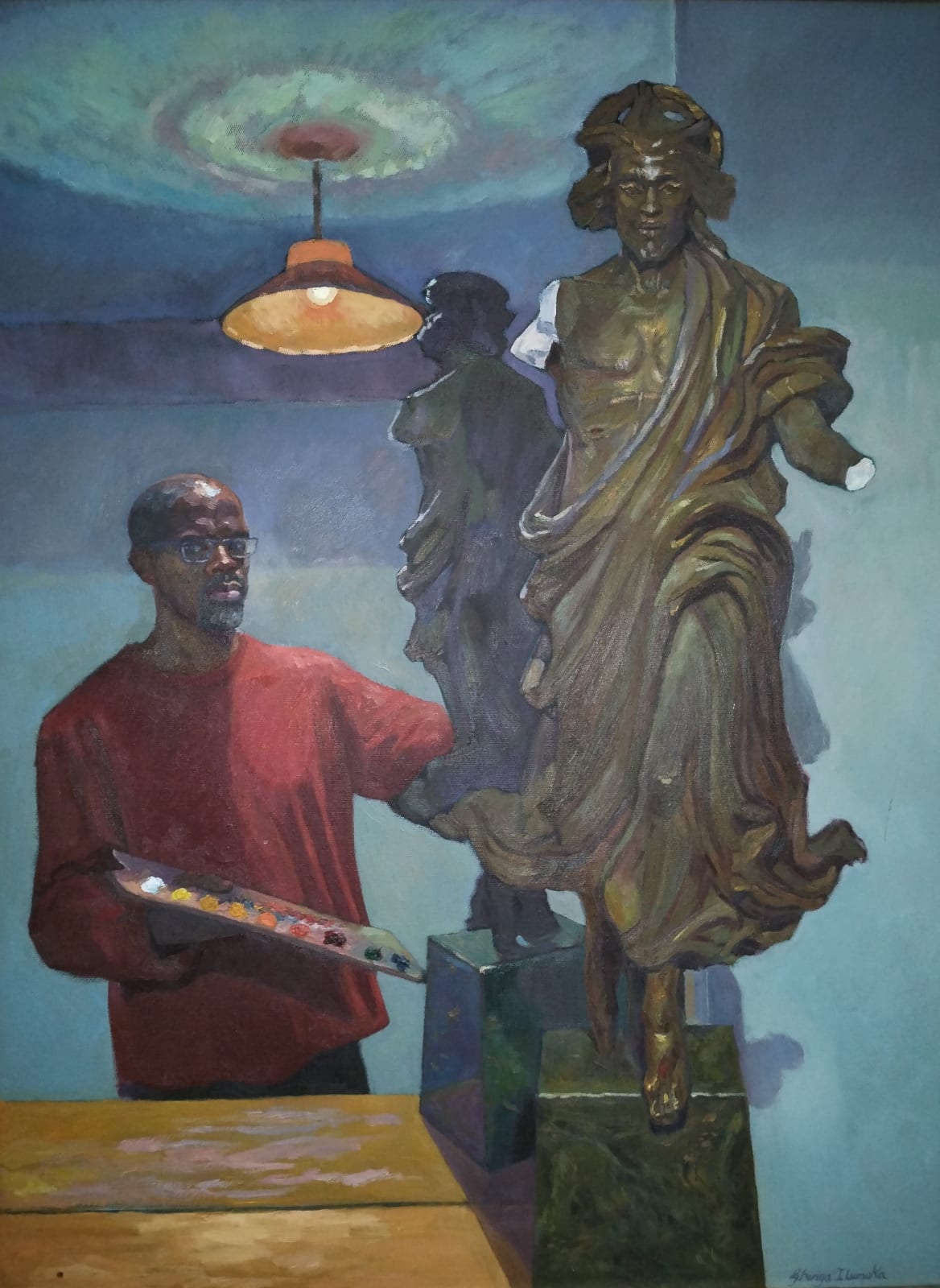 Gbenga Ilumoka, Self portrait with bronze statue, 2019