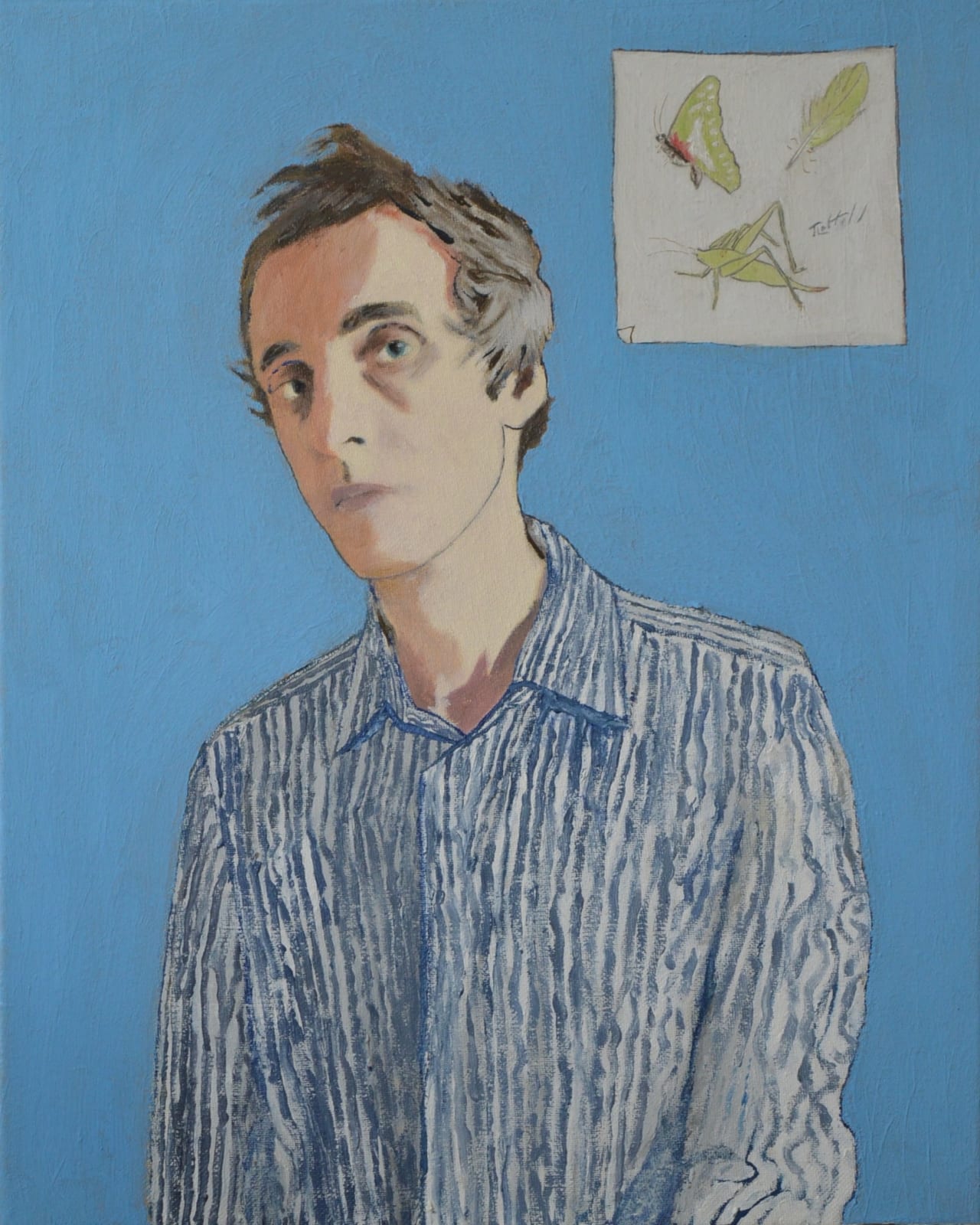 Tom Loffill, Self-Portrait With Striped Shirt and Illustrations, 2021
