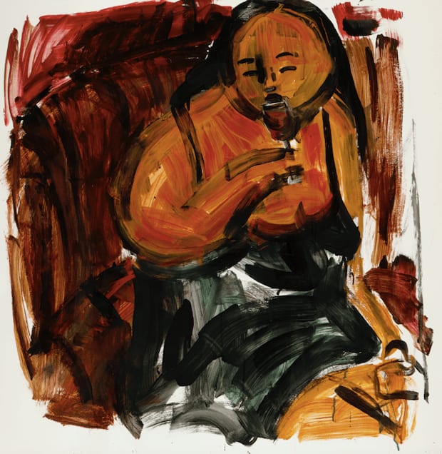 Monica Kim Garza, sitting on leather sofa at a bar (pinot noir), 2024