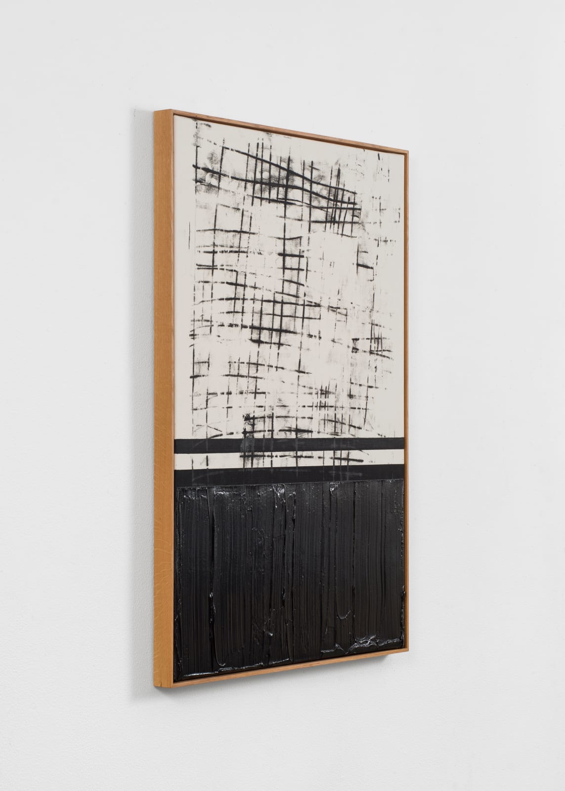 Søren Sejr, Comp. Black / Strange grid top, one line acrylic, one block gel with heavy vertical brushstrokes bottom, 2025