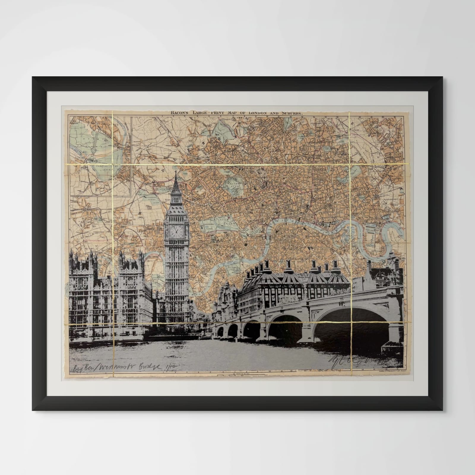 Angela Morris-Winmill, Big Ben/Westminster Bridge, Silver Ink (Framed)