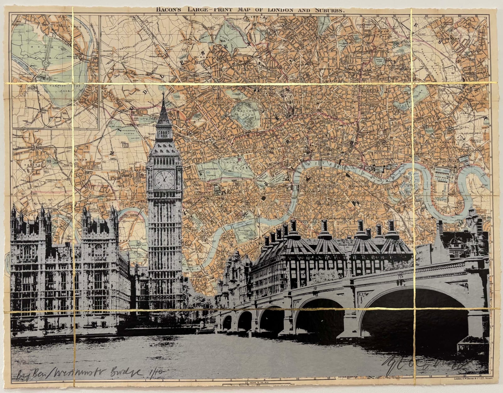 Angela Morris-Winmill, Big Ben/Westminster Bridge, Silver Ink (Unframed)