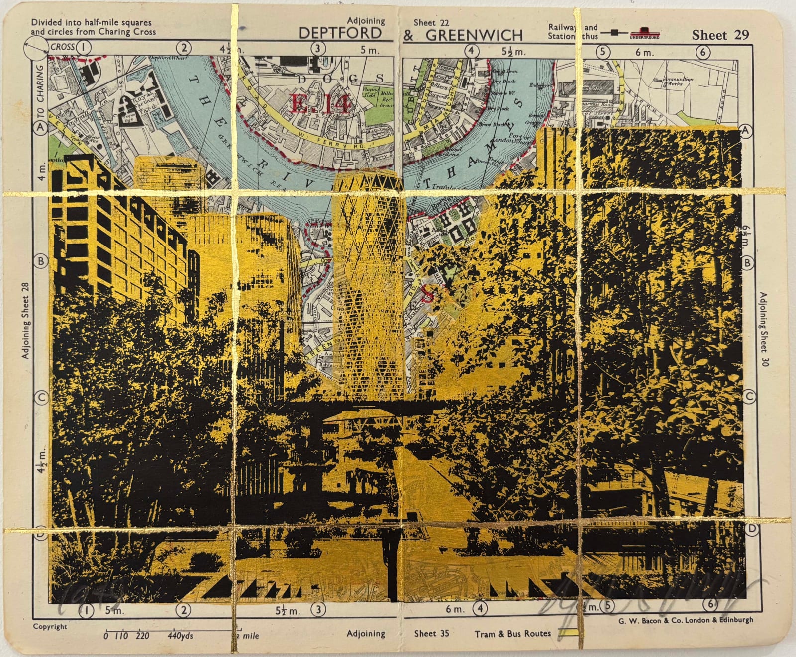 Angela Morris-Winmill, Eden Dock, Canary Wharf, Gold Ink, 1945