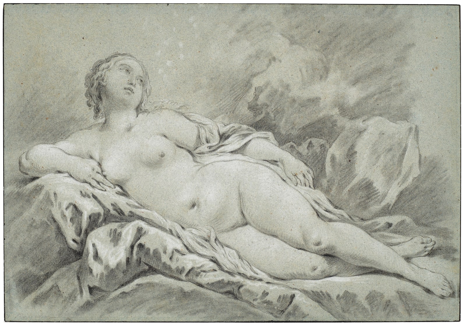 Pierre-Charles Le Mettay (1726-1759), Reclining female nude with her legs out and looking up to the right