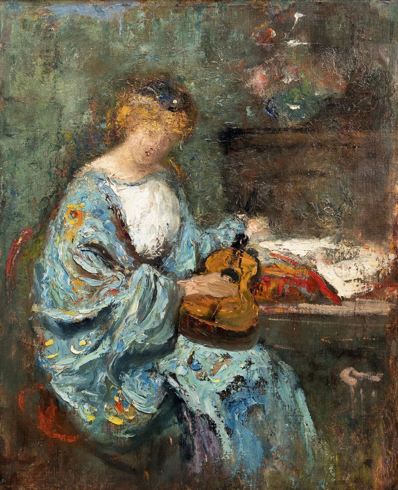 Jacques MARTIN (Villeurbanne 1844 – Lyon 1919), Woman in Blue with a Mandolin, c. 1915