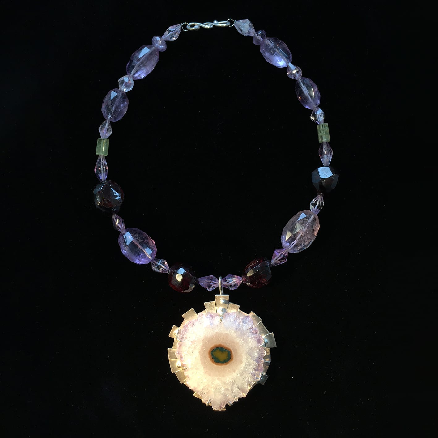 Helen Feiler, Amethyst Pendant with Amethyst, Garnet and Aquamarine Beads and Silver, 2019