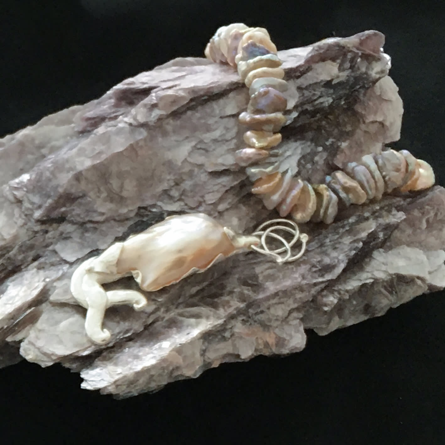 Helen Feiler, Sculptural Pearl and Silver Pendant with Nacre Beads on Mica Boulder, 2019