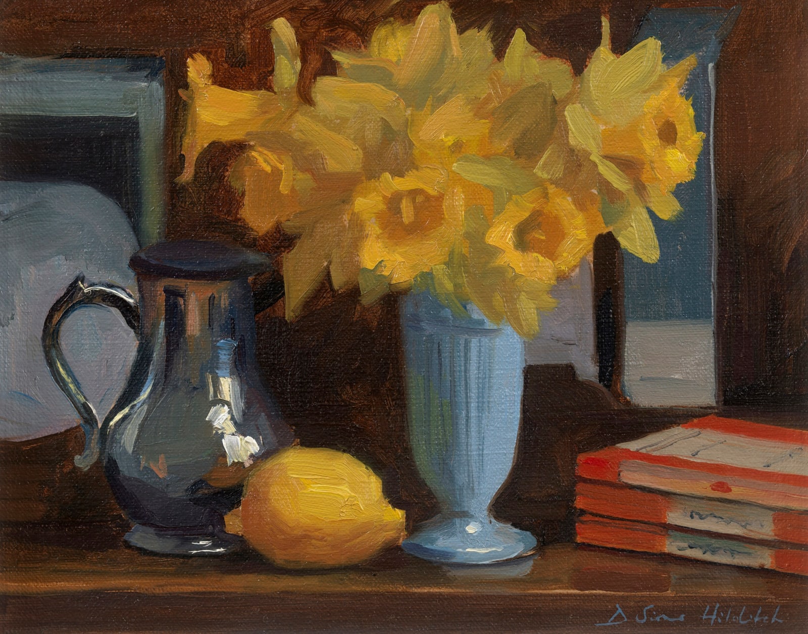 Daisy Sims Hilditch, Daffodils on the studio dresser with Penguin books