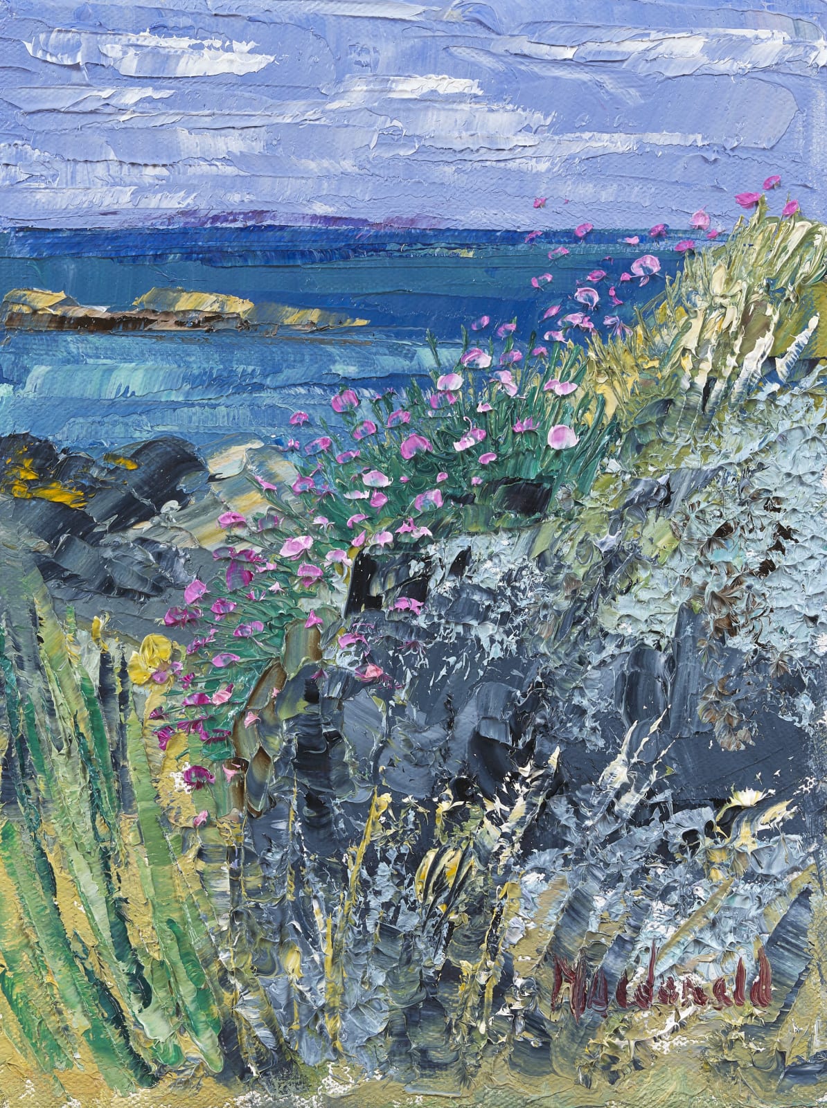 Frances Macdonald, Pinks and Sea Grasses with Gigha on the Horizon