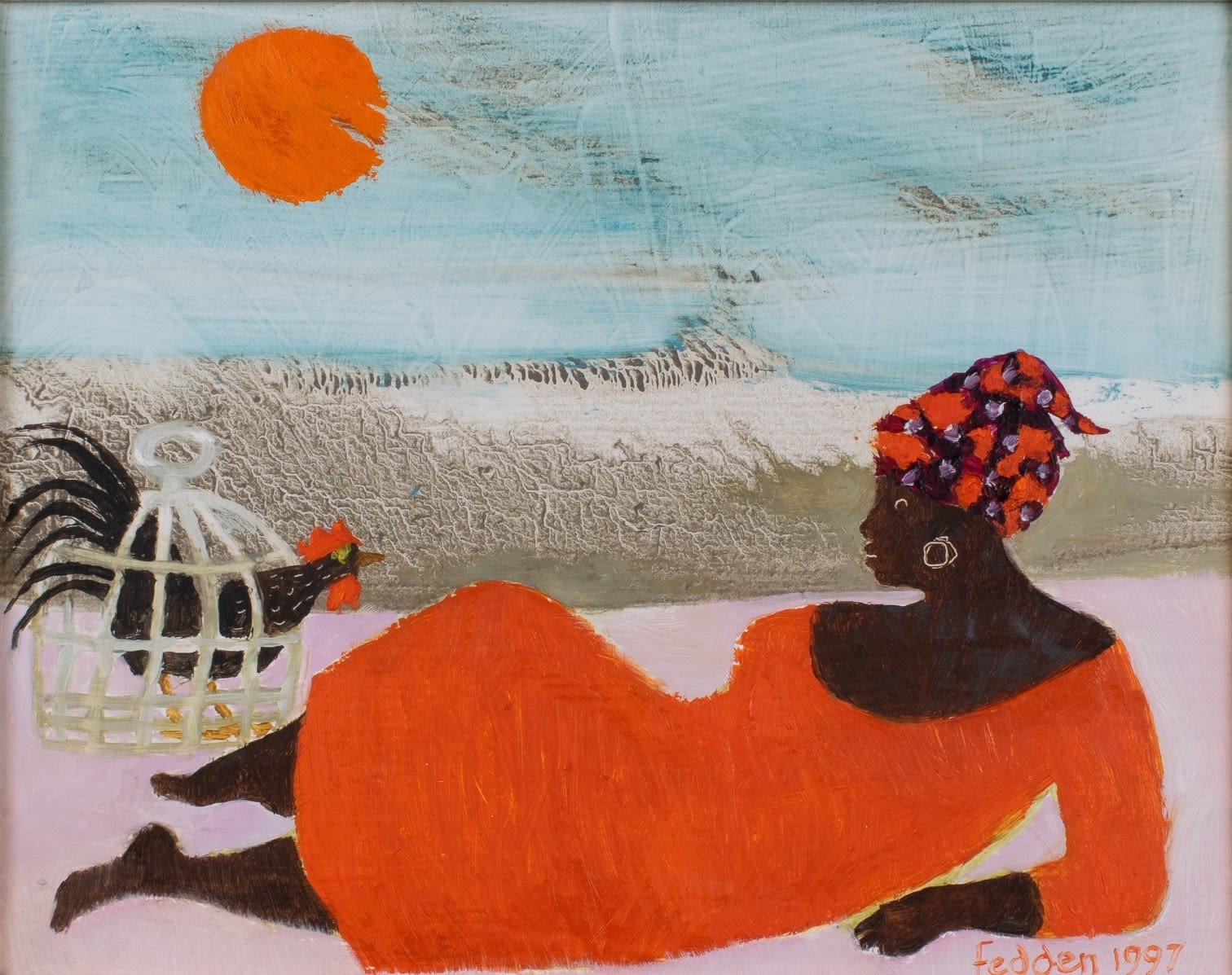 Mary Fedden, Lady with Cockerel, 1997