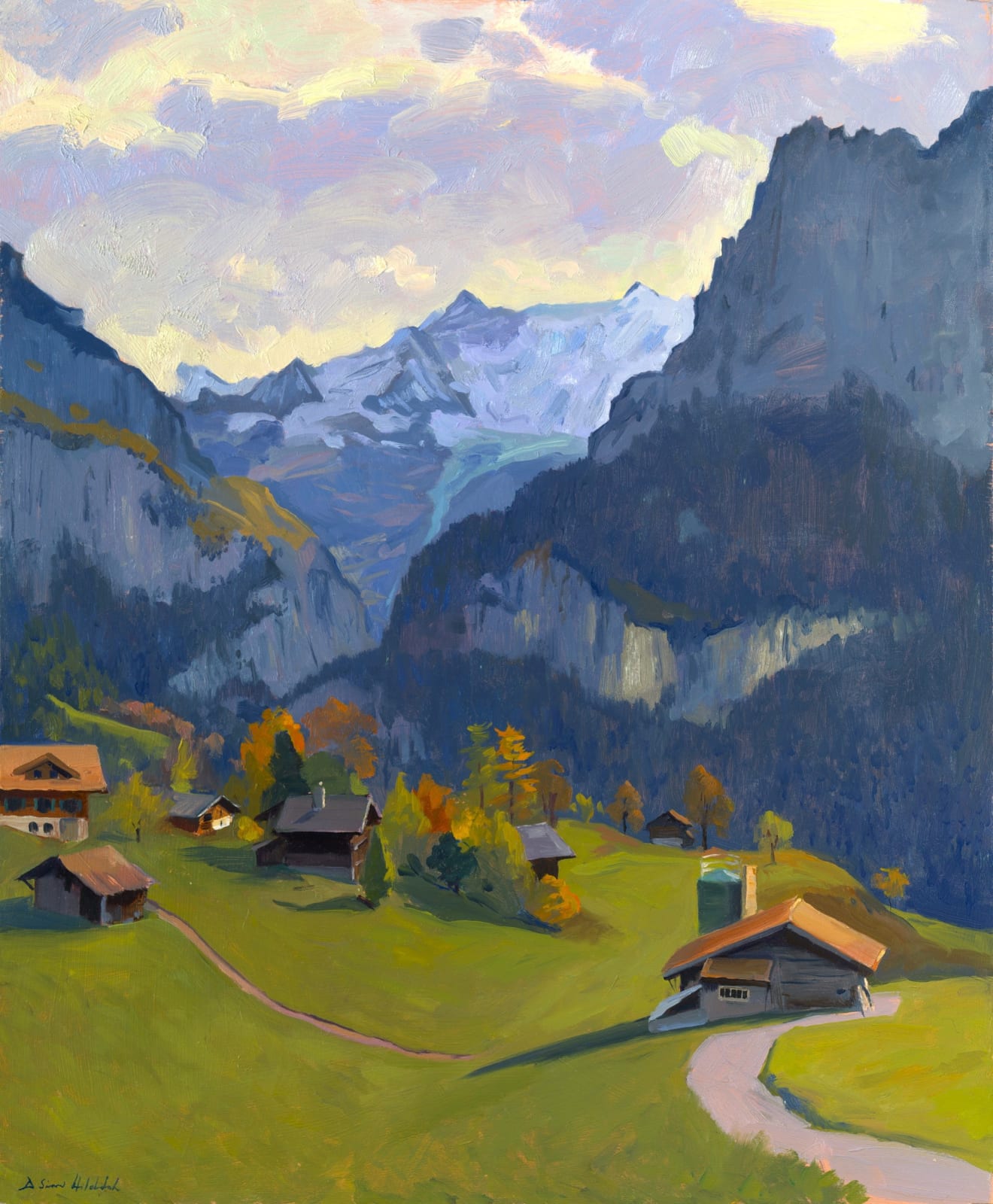 Daisy Sims Hilditch, Autumnal trees in the Grindelwald valley towards the glacier, 2022