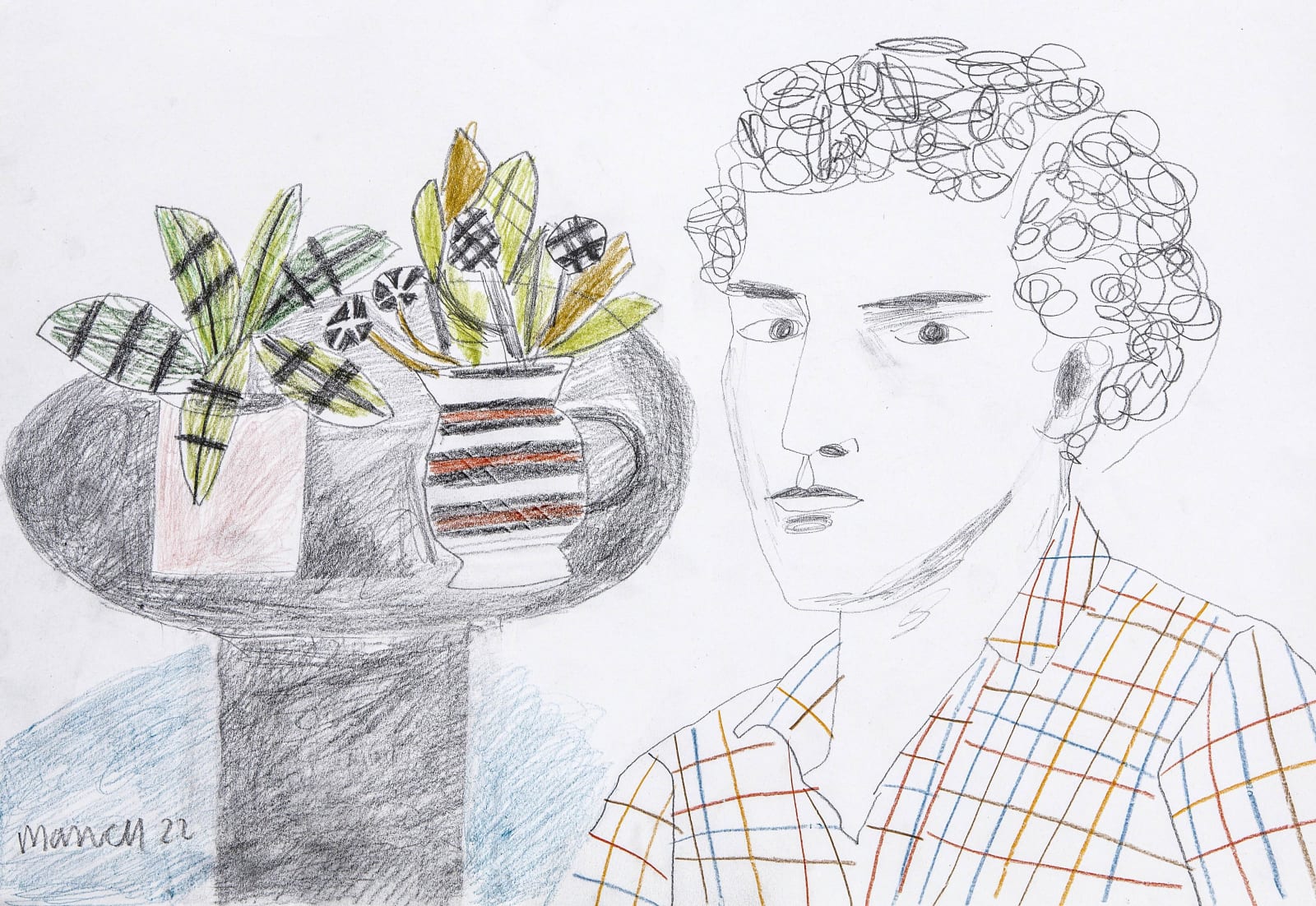 Christopher Marvell, Checked Shirt and Christopher Wood Flowers in Striped Jug, 2022