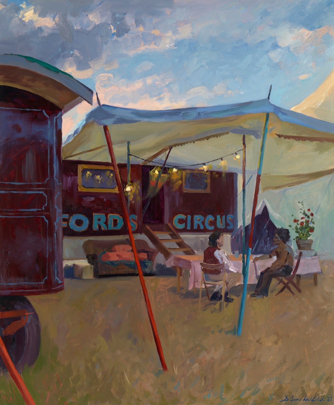 Daisy Sims Hilditch, Twilight, Nathan and Carlos sitting under Nell's awning at Gifford's Circus, 2022
