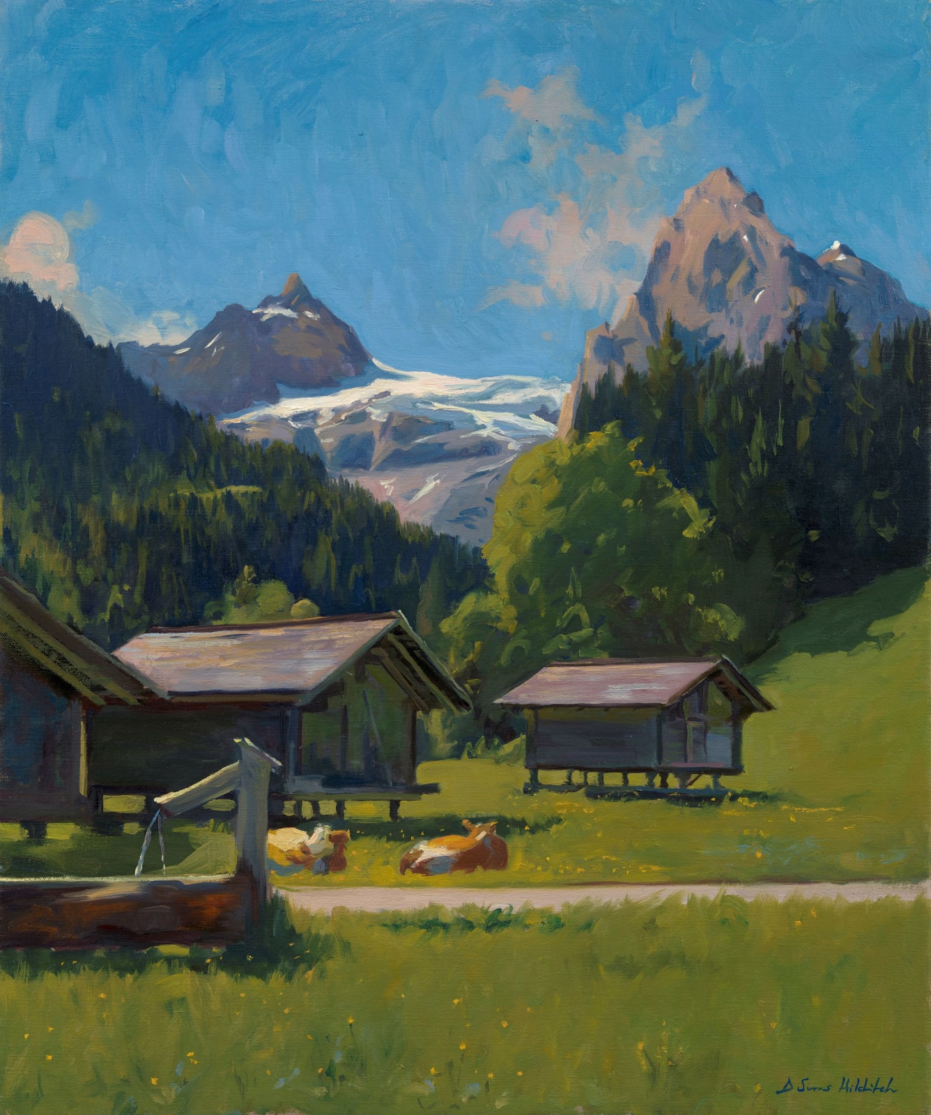 Daisy Sims Hilditch, Cattle grazing by huts in the Rosenlaui Valley