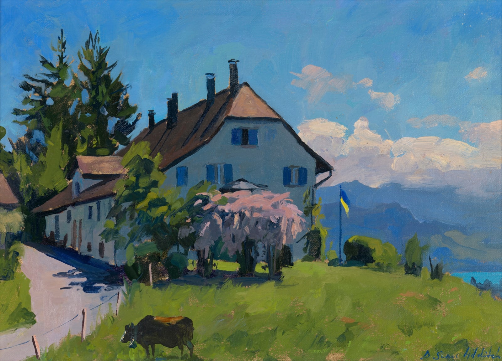 Daisy Sims Hilditch, Farmhouse above the lake of Zurich, afternoon light, 2022