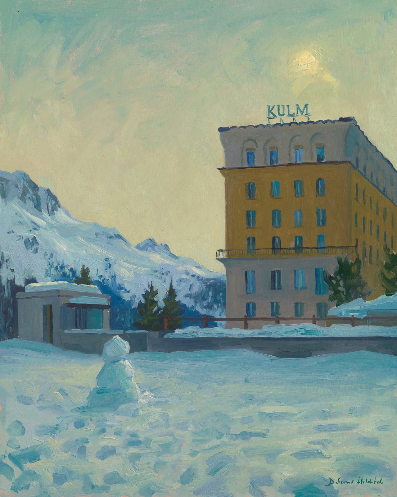 Daisy Sims Hilditch, Snowman by the Kulm Hotel, hazy afternoon light