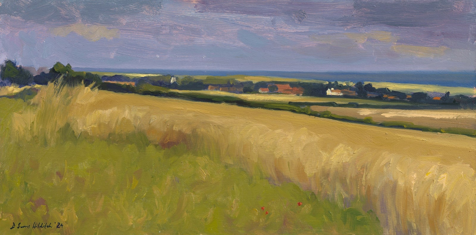 Daisy Sims Hilditch, Golden wheat fields, moody sky towards Brancaster church