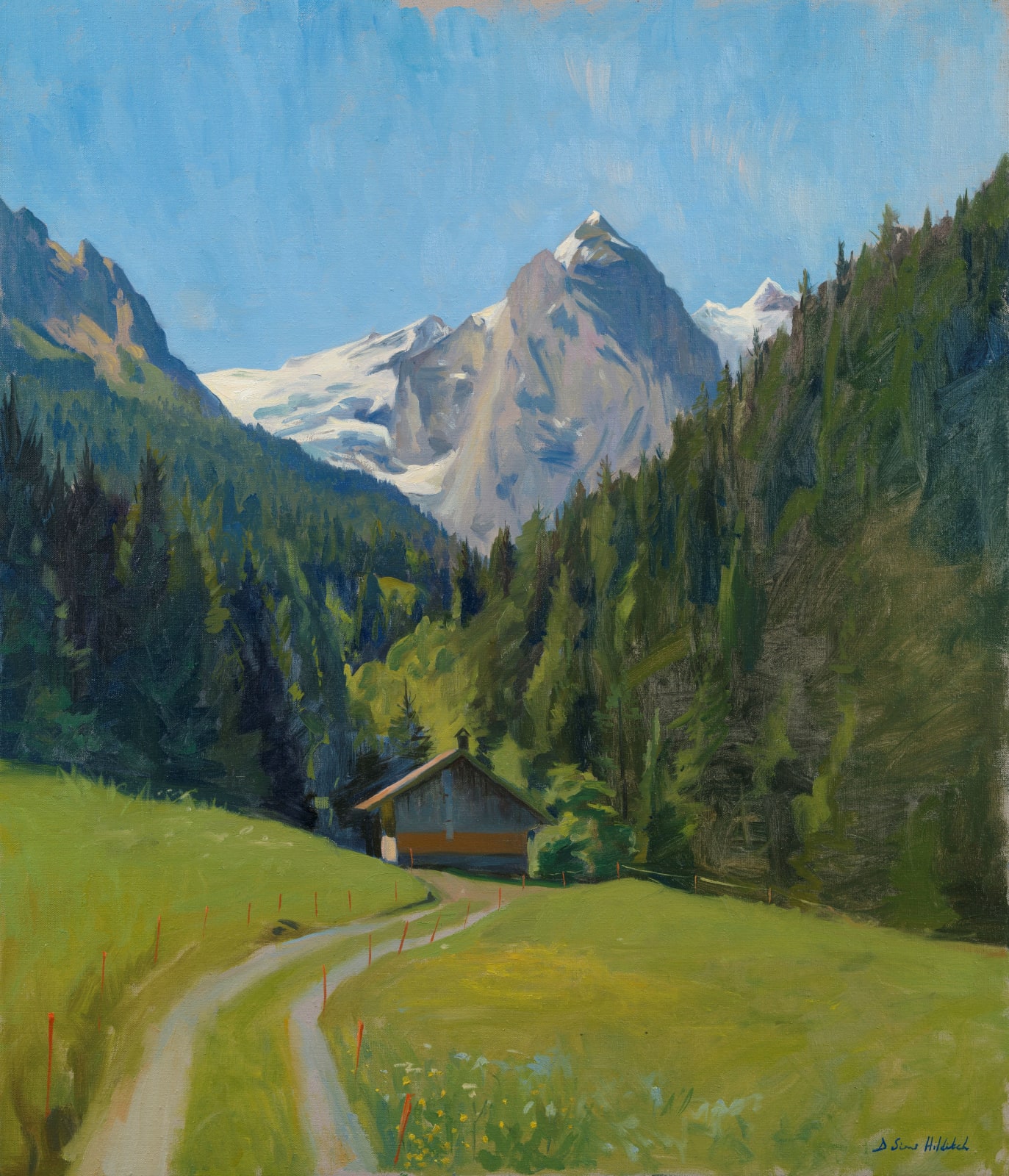 Daisy Sims Hilditch, Wild flowers and farm track towards the Wellhorn, morning summer light