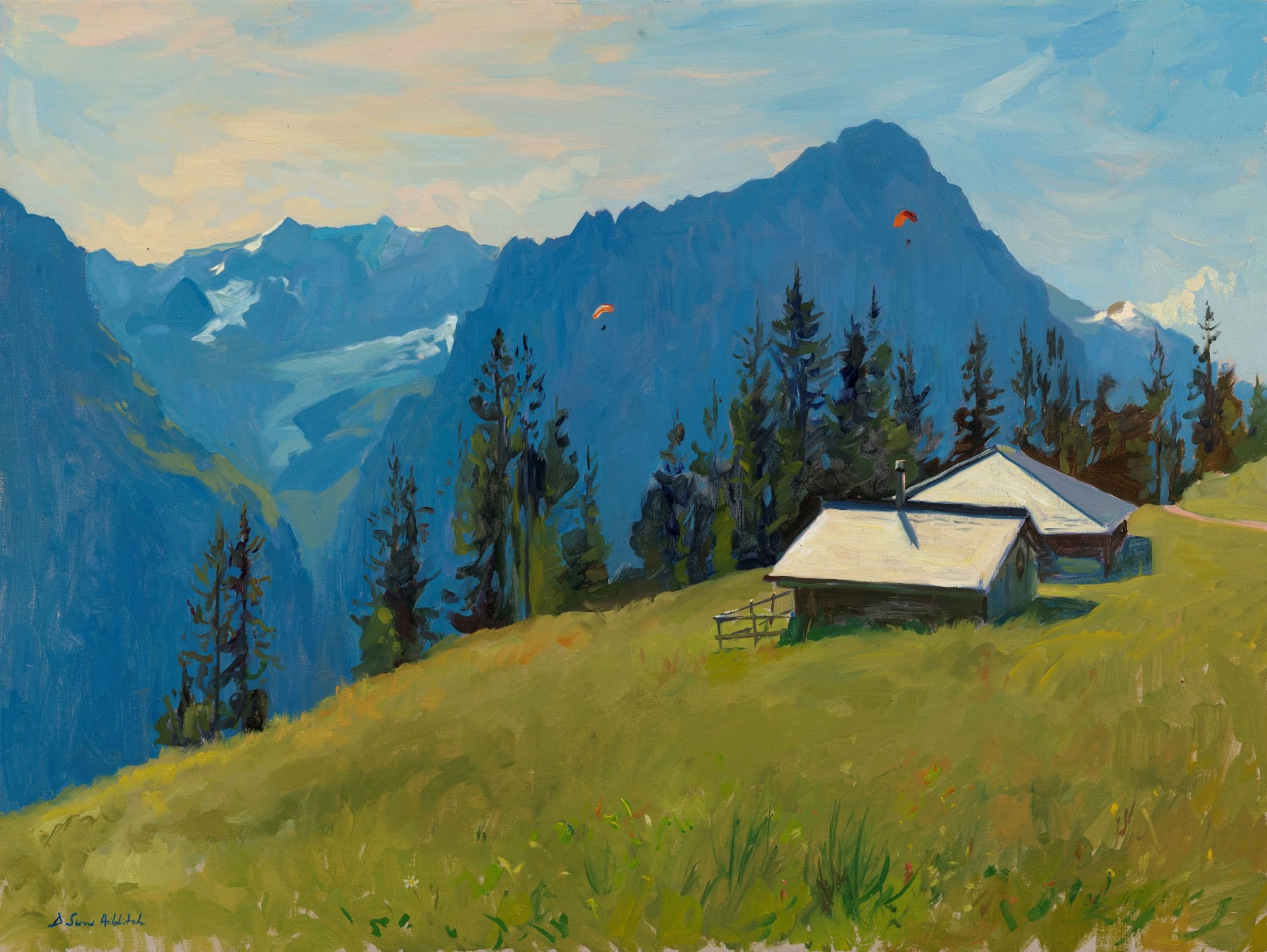 Daisy Sims Hilditch, Summer morning pastures above Grindelwald, old mountain huts and the Eiger beyond