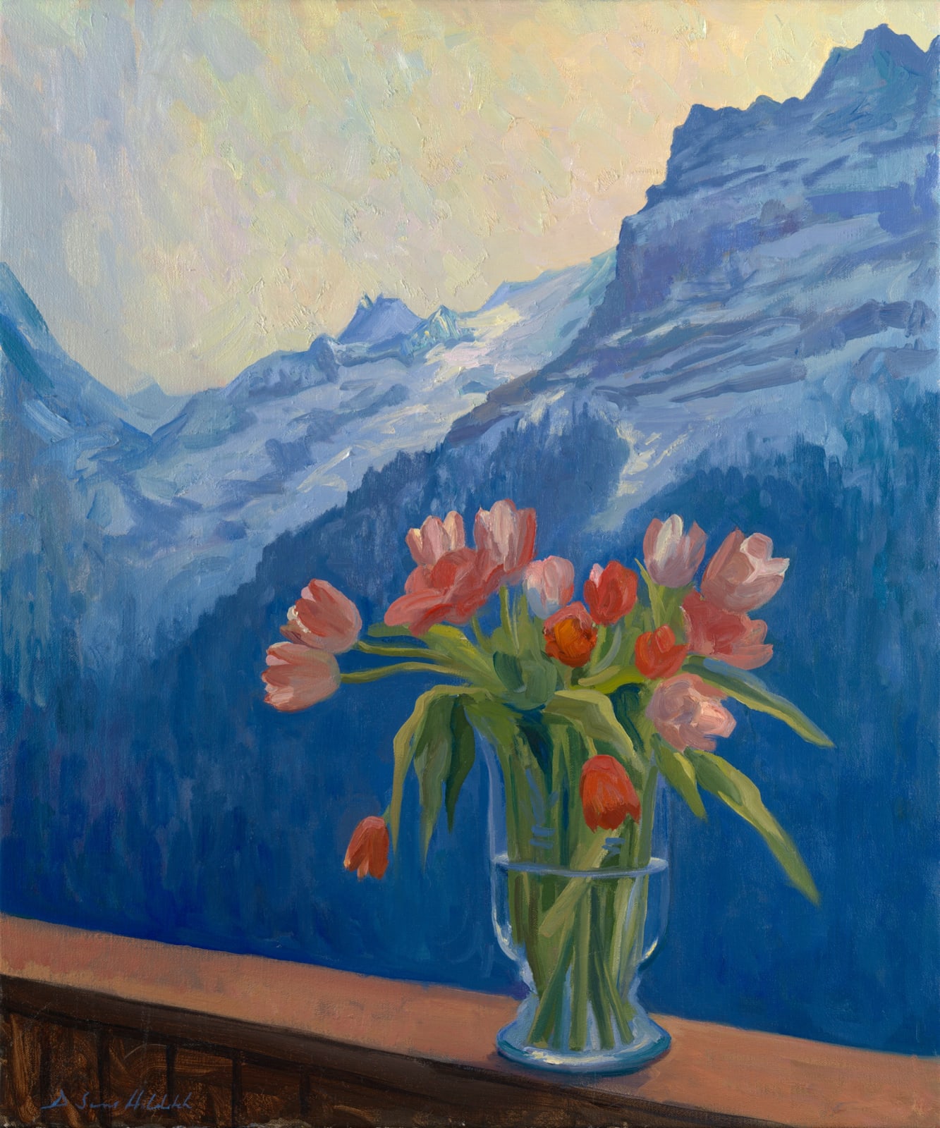 Daisy Sims Hilditch, Tulips on the balcony, Distant Finsteraarhorn, 2023