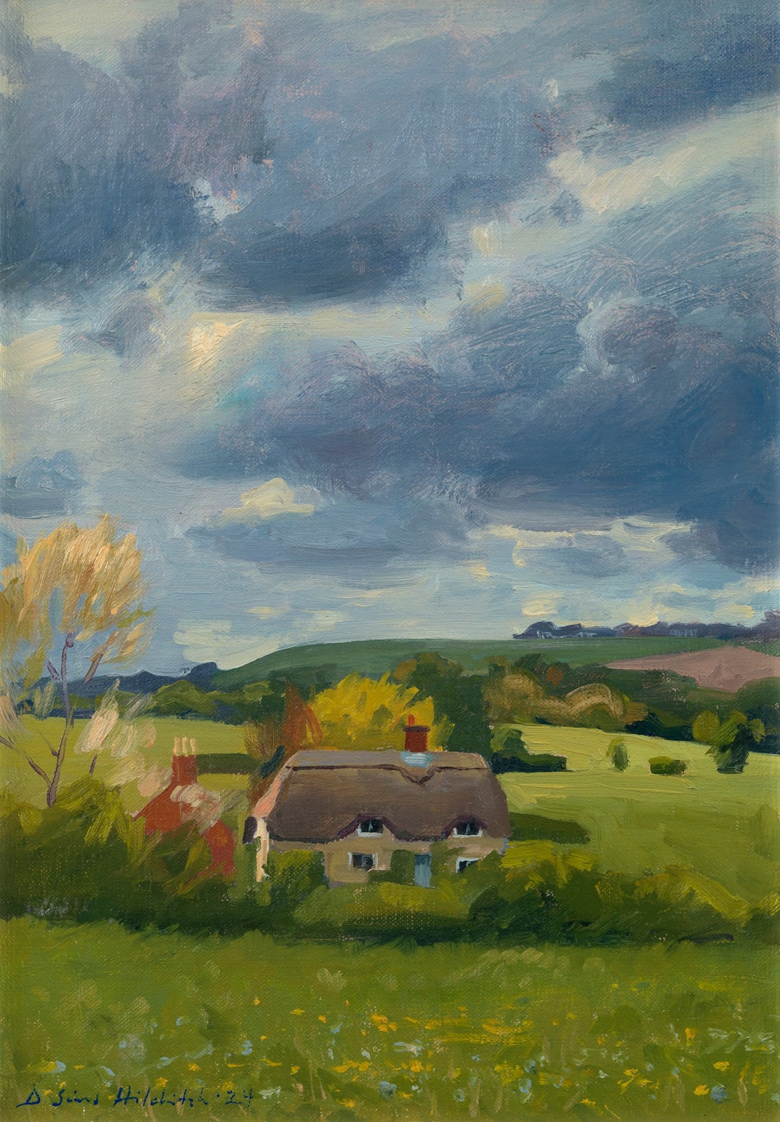 Daisy Sims Hilditch, Stormy sky above a thatched cottage in Stockton