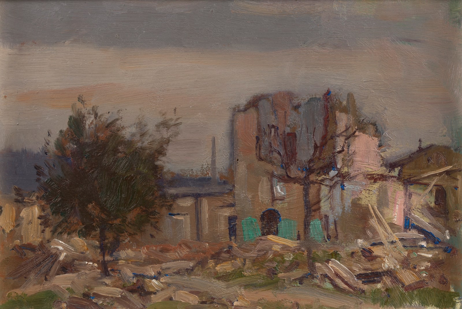 Edward Seago, Untitled (bomb damage, tree in foreground), 1944