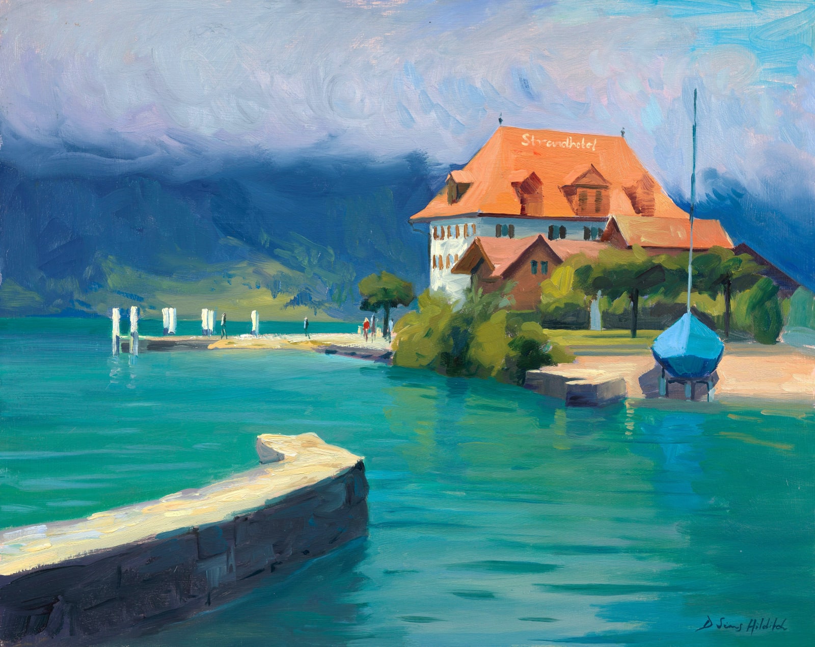 Daisy Sims Hilditch, Stormy light on Lake Brienz, the blue boat at Iseltwald