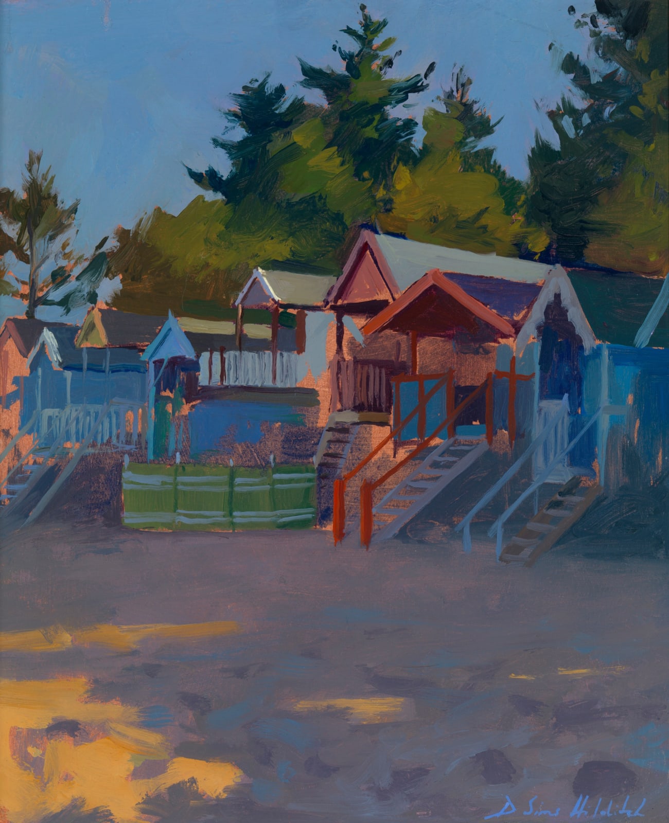 Daisy Sims Hilditch, Beach huts at Wells, evening shadows, 2022