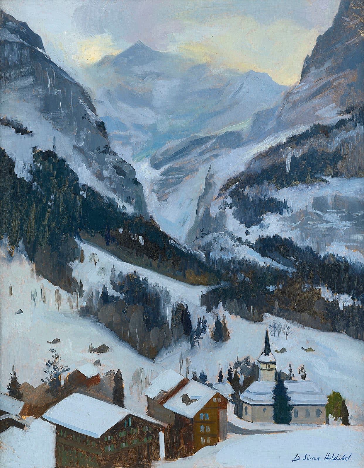 Daisy Sims Hilditch, Grindelwald Church with the Glacier Beyond, Stormy Light