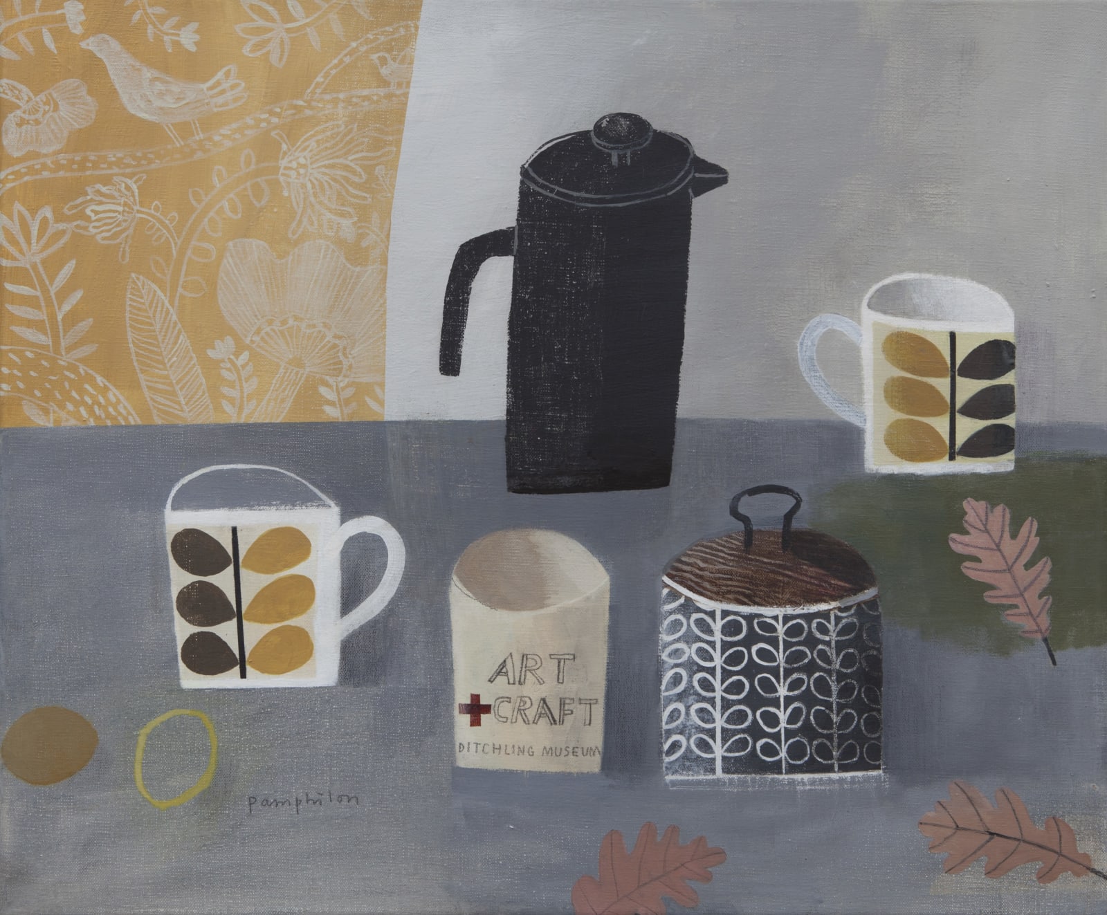Elaine Pamphilon, Black Coffee Pot and Pink Leaves