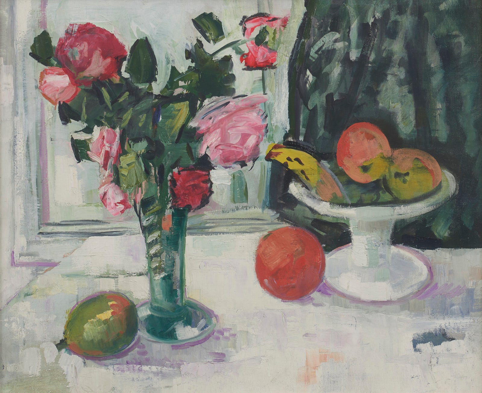 George Leslie Hunter, Still Life with Fruit and Roses in a Glass, circa 1928