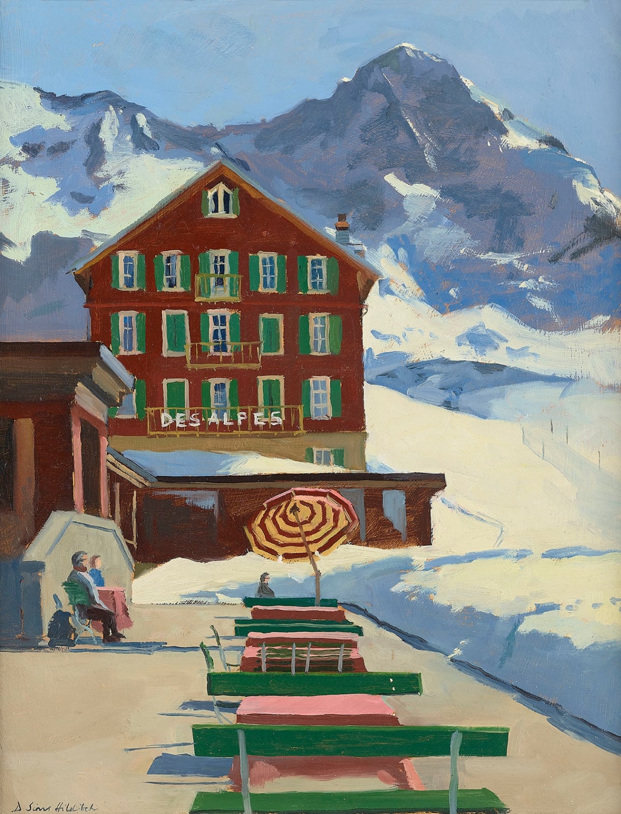 Daisy Sims Hilditch, Red and Yellow Umbrella, Des Alpes, 2021