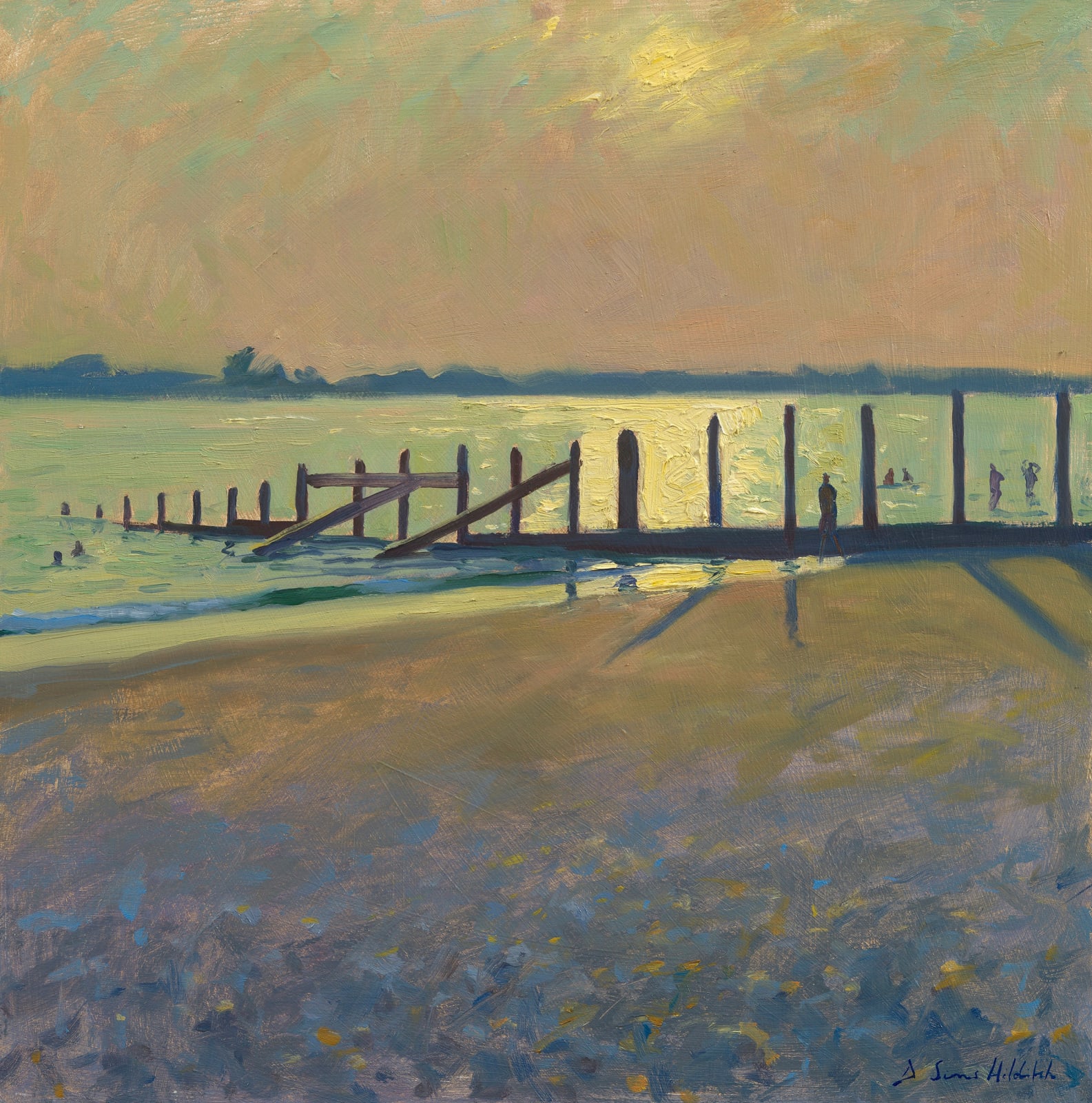 Daisy Sims Hilditch, Long evening shadows and bright light on the water, sun setting at West Wittering
