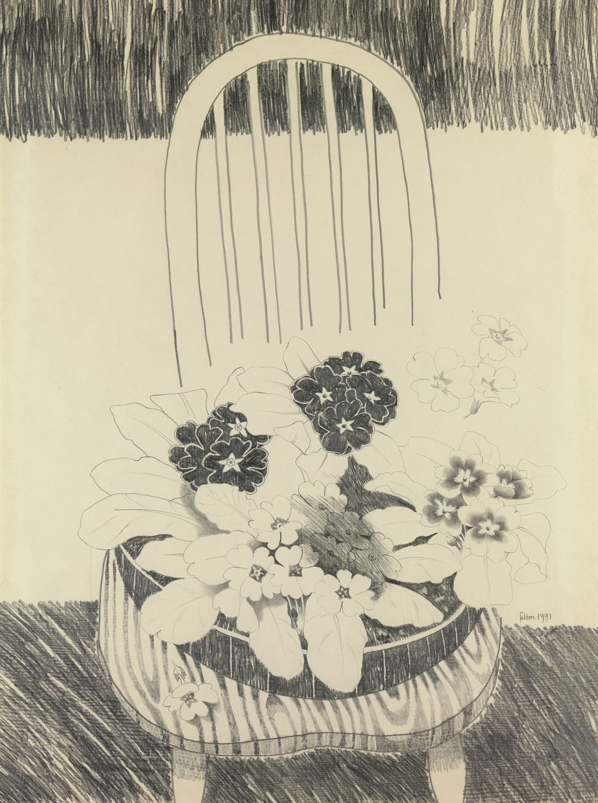 Mary Fedden, Primulas on a Chair, 1991