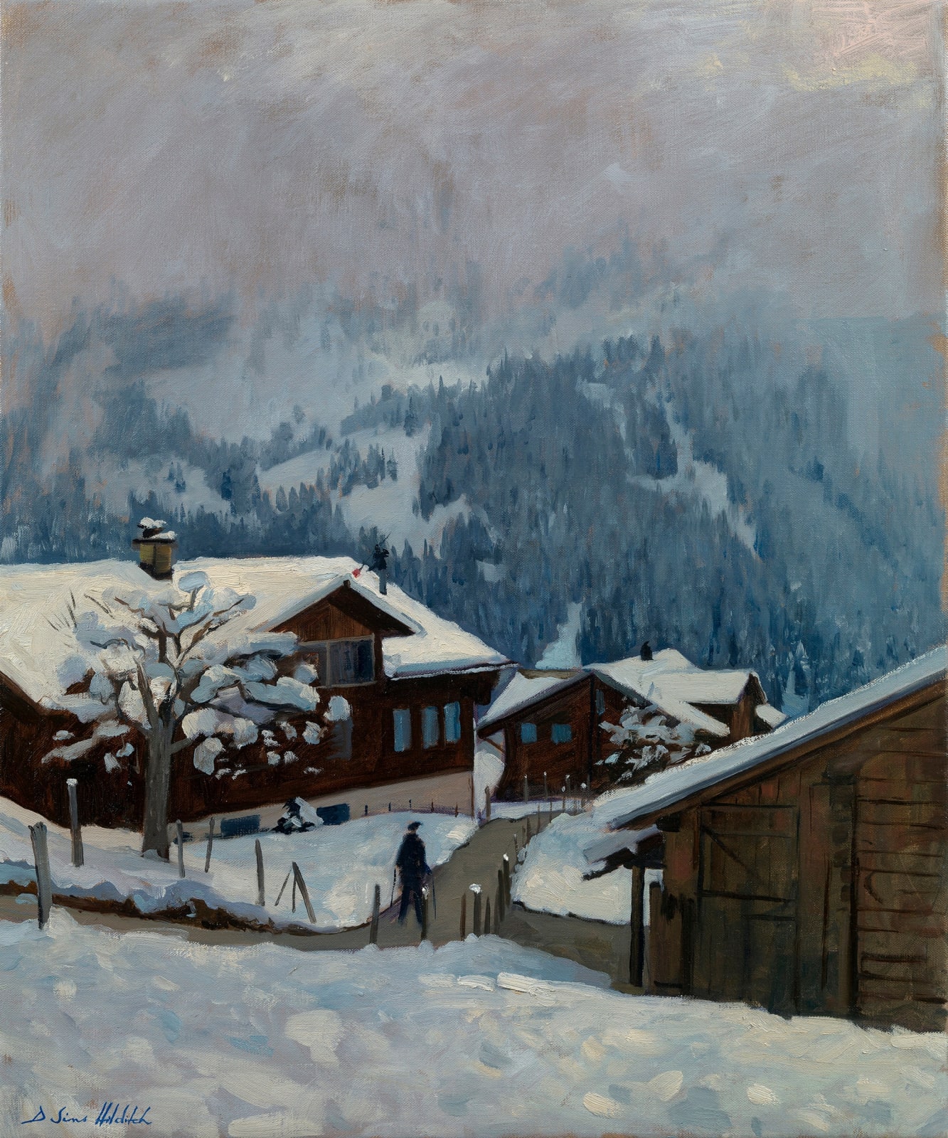 Daisy Sims Hilditch, A winter's walk through snowy chalets