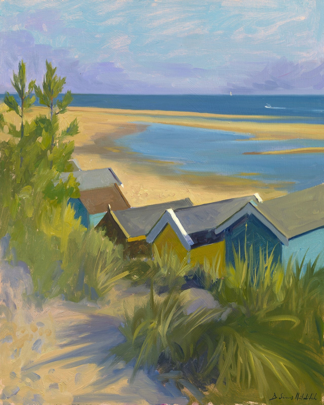 Daisy Sims Hilditch, On the sand dunes above beach huts at Wells, summer morning