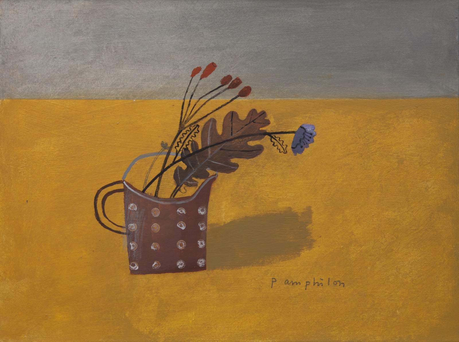 Elaine Pamphilon, Motoko's Jug with Scabious Rosehips and Oak Leaf