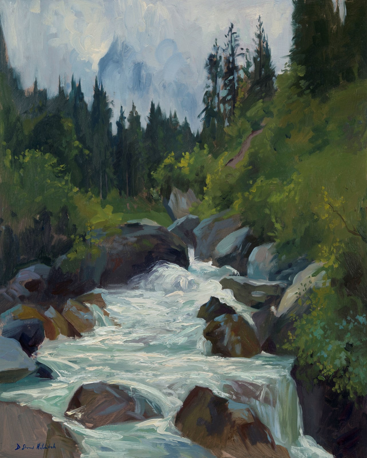 Daisy Sims Hilditch, The Wellhorn appearing through mist, roaring river
