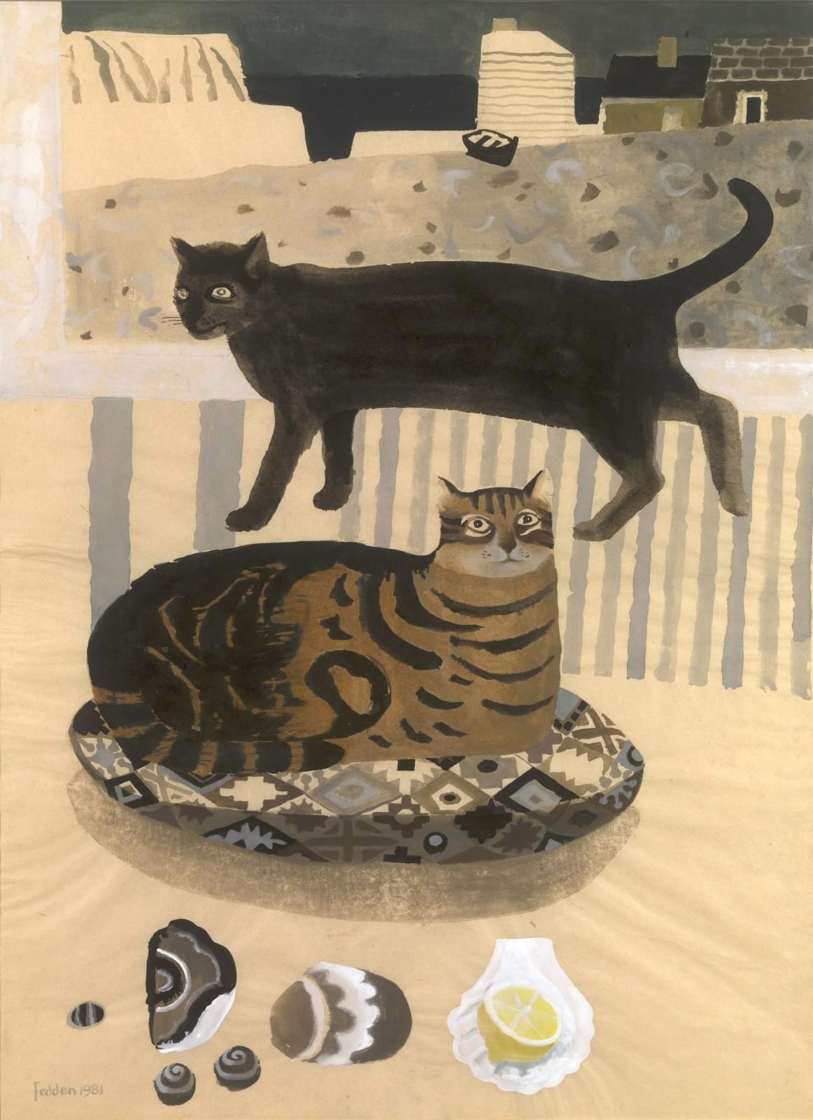Mary Fedden, Cats with Shells and Lemon, 1981