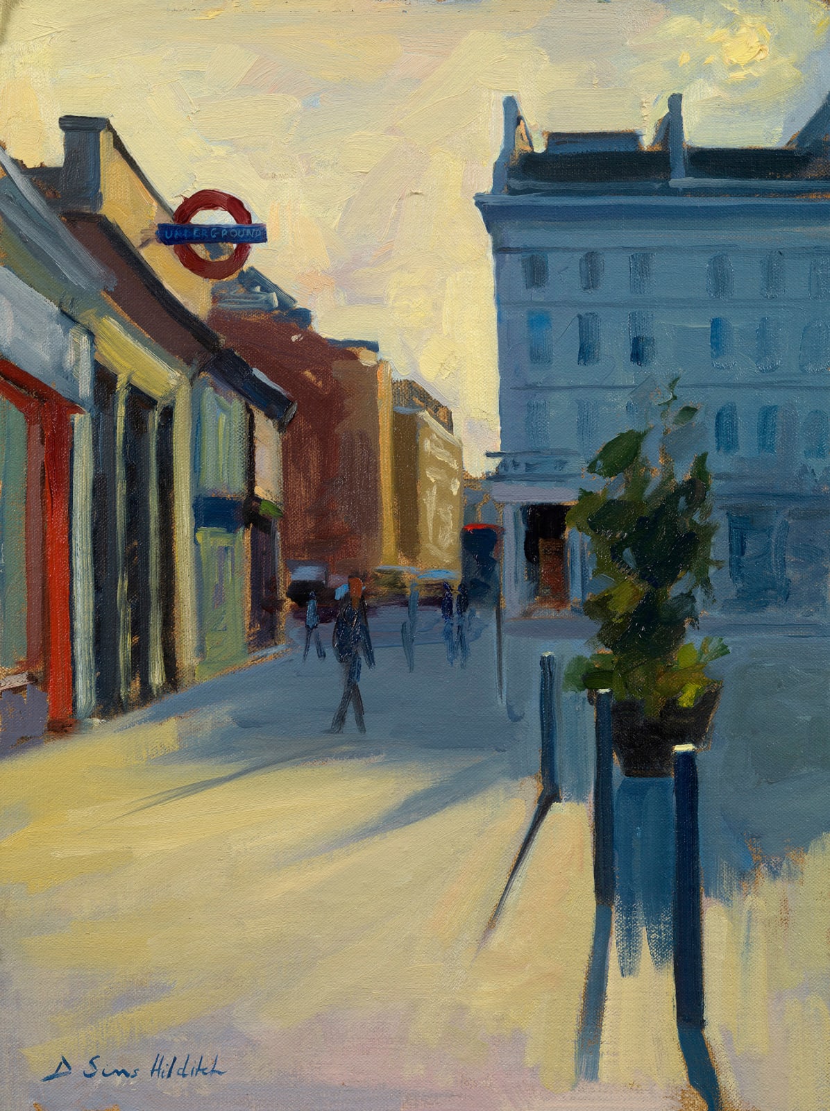 Daisy Sims Hilditch, Summer evening contre jour, long shadows, South Kensington station