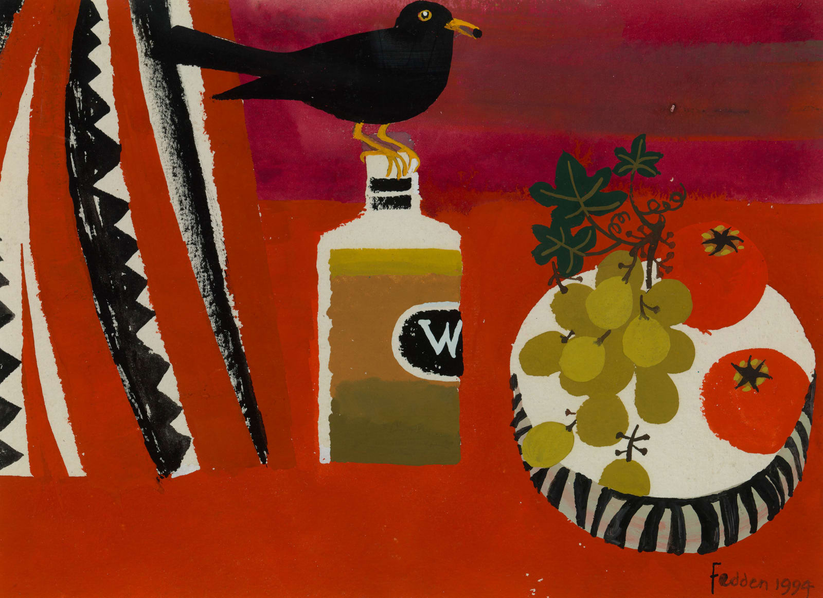 Mary Fedden, Blackbird, bottle and bowl of fruit, 1994