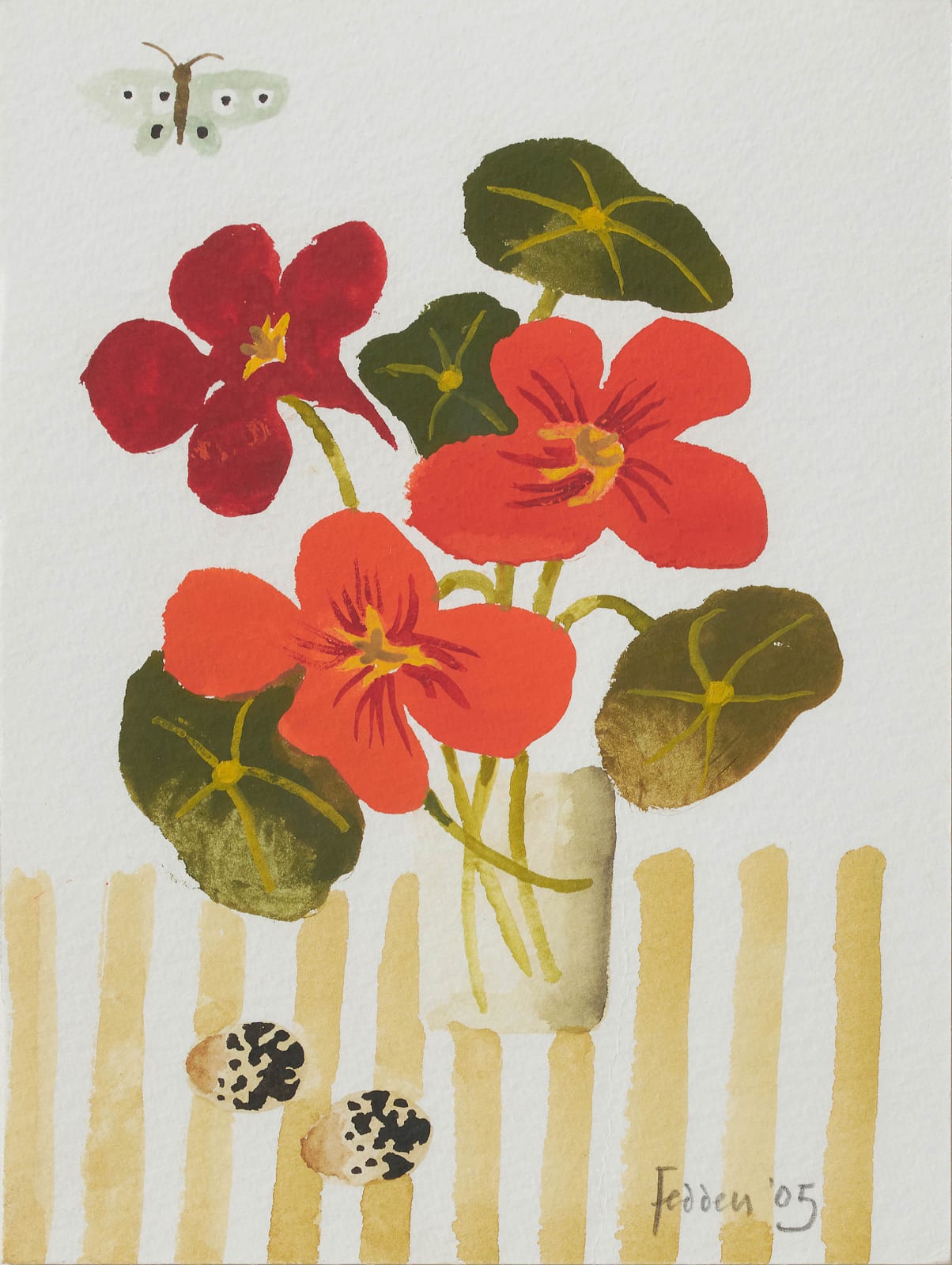 Mary Fedden, Still life of flowers, eggs & butterflies, 2005