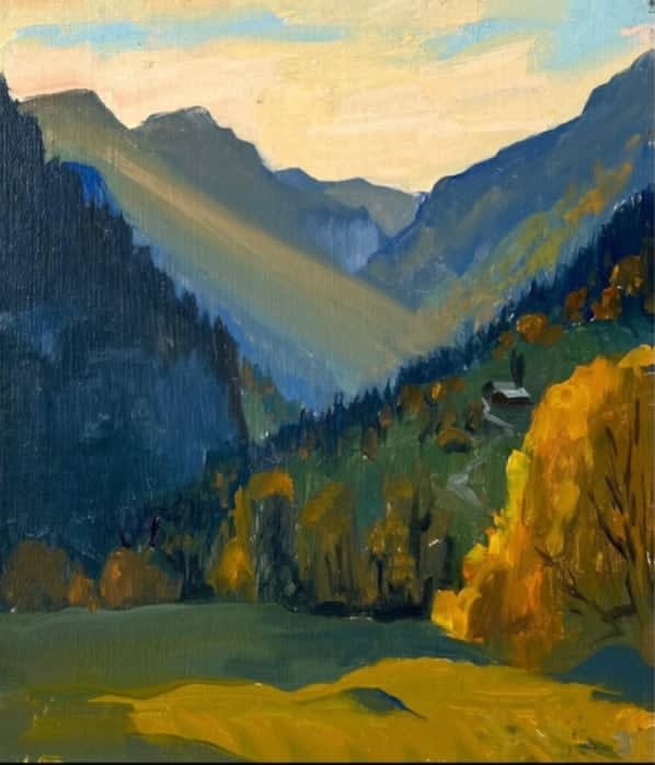 Daisy Sims Hilditch, Evening sunbeam in the valley, Autumnal light Grindelwald, 2022
